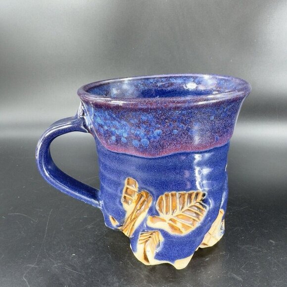 Hand Made Abstract Coffee Mug Cup Cobalt Blue Pottery Mug Artist Signed Bottom - Picture 15 of 16